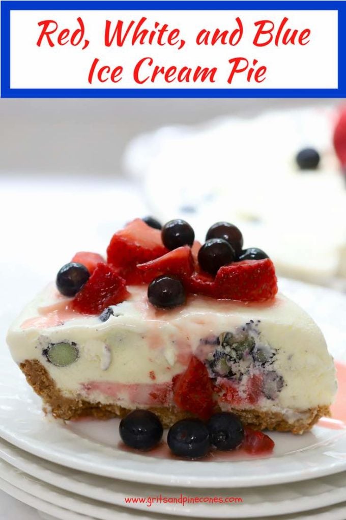 End your Memorial Day or 4th of July bash on a sweet note with cool, refreshing and patriotic Red, White, and Blue Ice Cream Pie with a Biscoff cookie crust. This easy dessert is full of rich, creamy, vanilla ice cream studded with bits of luscious ripe strawberries and delightfully juicy blueberries. #icecreampie, #biscoffcookiepiecrust, #piecrust, #4thofjulydessert, #memorialdaydessert, #redwhiteandbluedessert