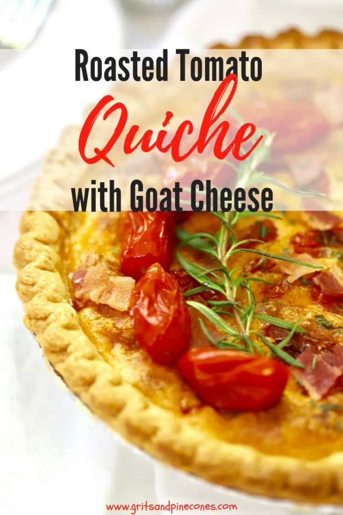 This Roasted Tomato Quiche with Goat Cheese recipe is a flavorful, make- ahead, quick and easy, quiche full of roasted tomatoes, bacon, tangy goat cheese, basil pesto, and fresh rosemary. It's perfect for a special weekend breakfast or when you want something extra-special for company. It's also a great main dish for a light dinner. #easyrecipe, #breakfast, #brunch, #dinner, #dinnerrecipe, #comfortfood, # #sundaysupper, #weeknightdinner, #makeahead, #maindish
