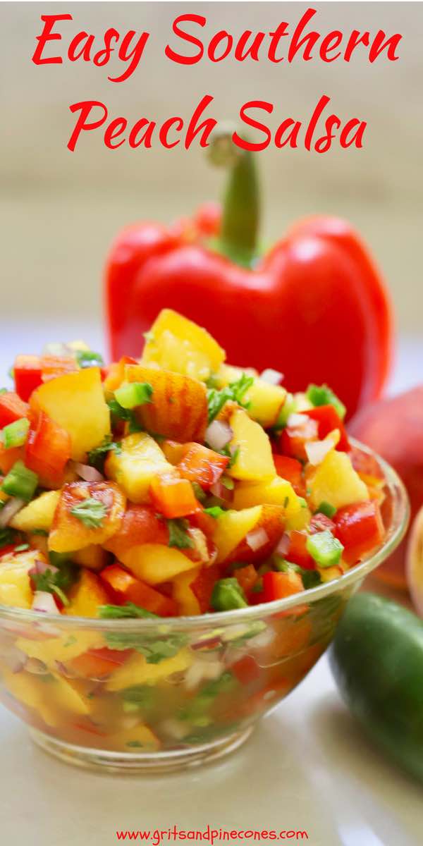 All it takes is one taste of this sweet and savory Easy Southern Fresh Peach Salsa and you will be enamored! This quick and easy, healthy recipe calls for fresh, luscious sweet peaches and crisp and zesty jalapeños, along with some fresh red bell pepper, a little onion, fresh tangy lime juice, and cilantro.
#peachsalsa, #salsa, #salsarecipes, #peachrecipes