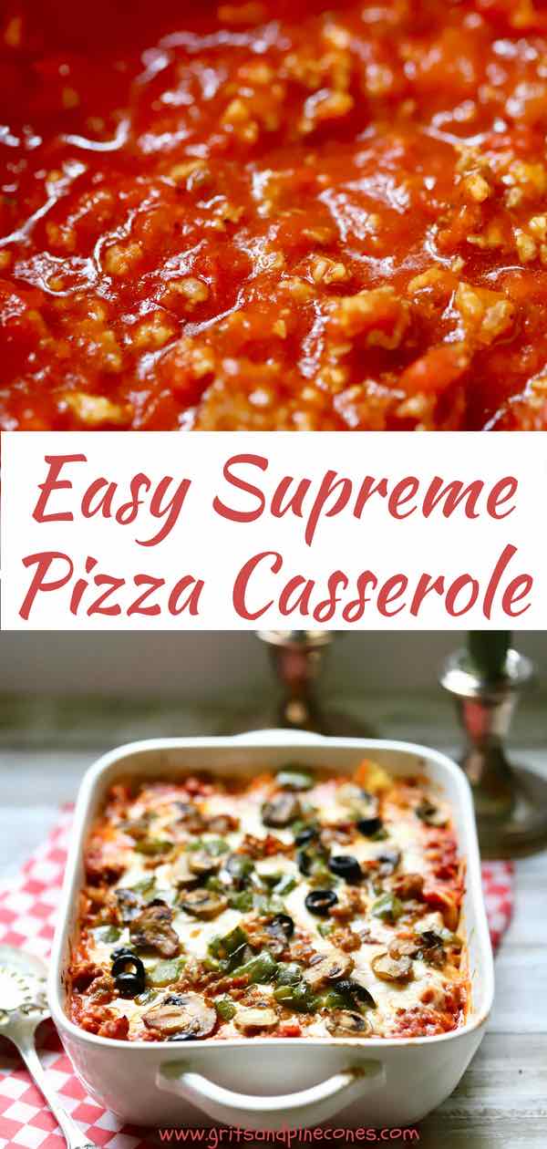Easy Supreme Pizza Casserole is just like a regular supreme pizza but without the crust. This pizza casserole is full of lots of melted gooey cheese, spicy Italian sausage, crisp bell pepper, earthy mushrooms, sliced black olives and, of course, the star of the show, pepperoni! #comfortfood, #pizza, #pizzacasserole, #easydinneridea, #mealskidslove