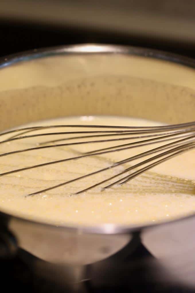 Making the custard base in a saucepan for Homemade Fresh Peach Ice Cream