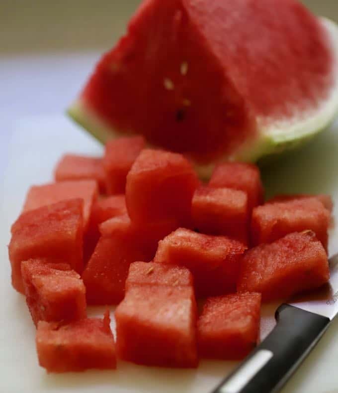 Chopped watermelon for Chilled Watermelon Gazpacho Soup