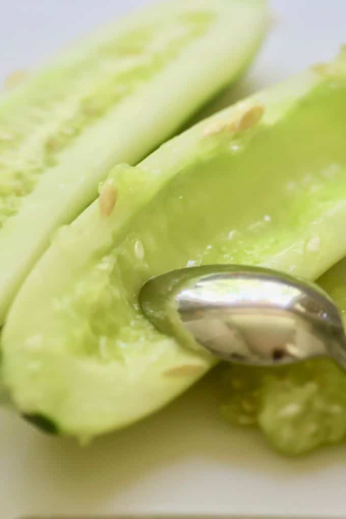 Seeding a cucumber for Chilled Watermelon Gazpacho Soup