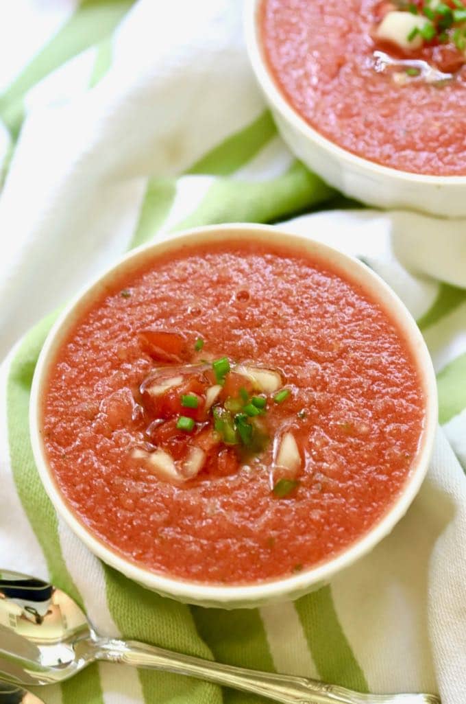 Two bowls of Chilled Watermelon Gazpacho Soup ready to eat