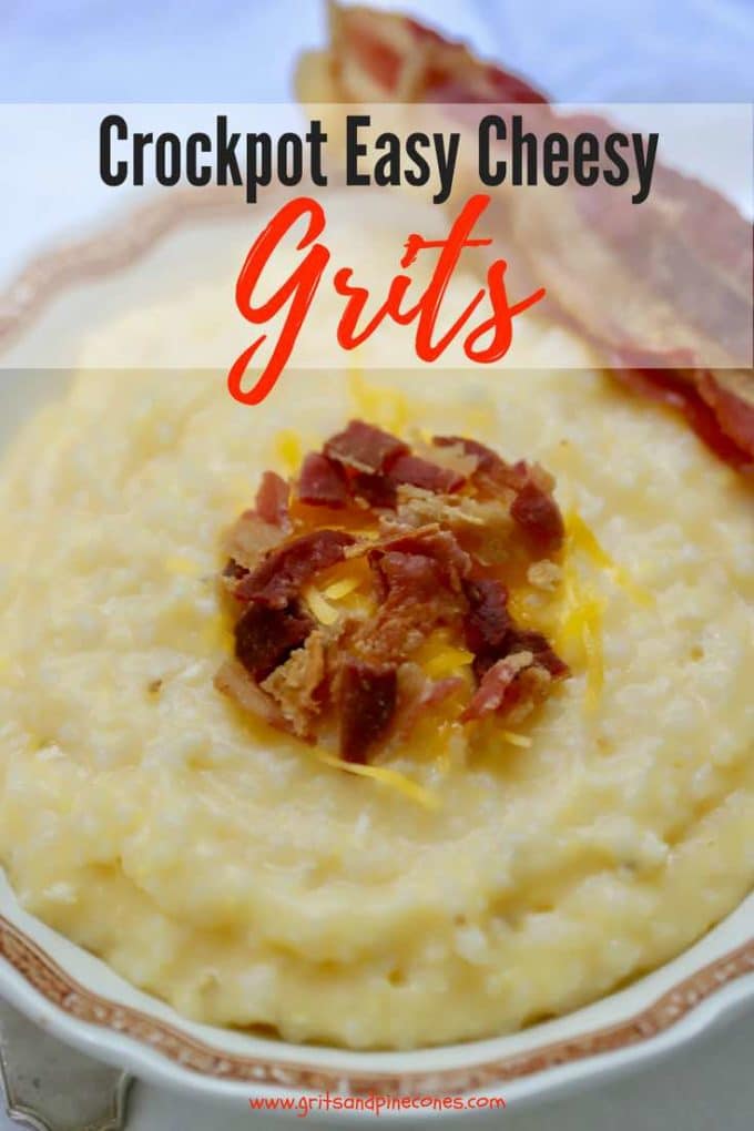 Start the day with a delicious breakfast of thick and creamy Southern Crock-Pot Easy Cheesy Grits! Full of sweet corn flavor and melted cheese, they are pure comfort food! #grits, #gritsrecipes, #cheesegrits, #cheesegritsrecipes, #breakfast, #makeaheadbreakfast