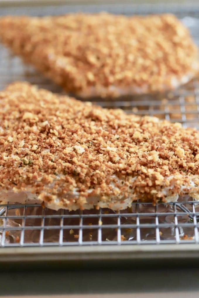 Grouper fillets coated with panko breadcrumbs on a wire rack. 