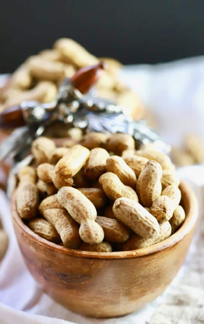 Boiled peanuts in a wooden bowl.