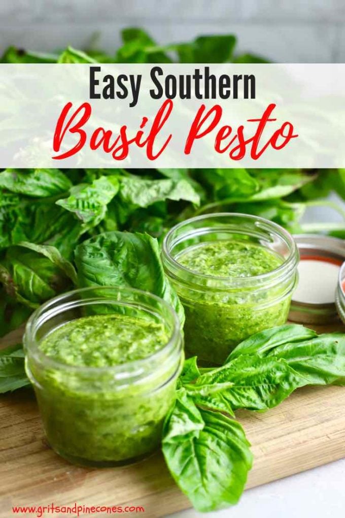 This Easy Homemade Southern Basil Pesto recipe takes the traditional basil pesto recipe, which originated in the 16th century in Genoa, Italy, and updates it with a Southern twist; pecans instead of pine nuts. This healthy condiment is full of fresh sweet basil, garlic, parmesan cheese, and heart-healthy olive oil. #condiments, #pesto, #dinner, #easyrecipes.