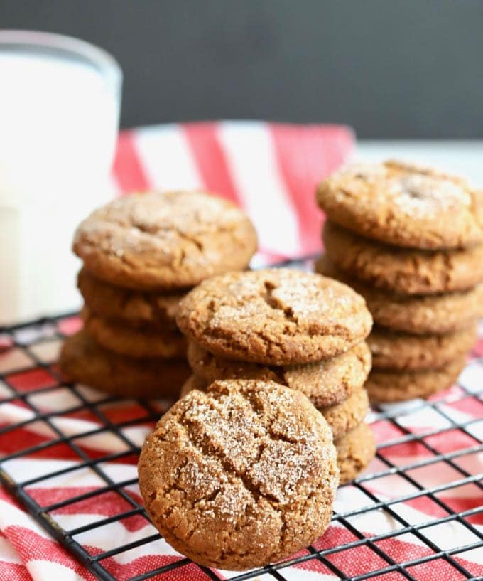 Stacks of Old Fashioned Crunchy Gingersnap Cookies on a cooling rack