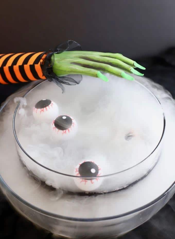 Witches' Brew Halloween Punch with eyeballs floating on the top of the punch