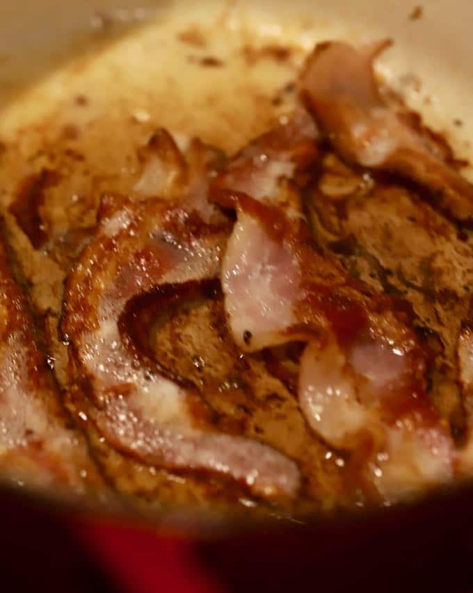 Cooking bacon for Creamy Leftover Turkey and Wild Rice Soup
