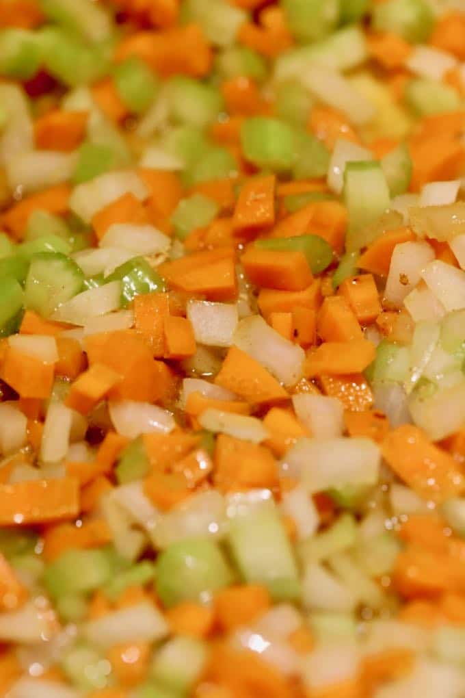 Celery, onion, and carrots cooking for Creamy Creamy Leftover Turkey and Wild Rice Soup