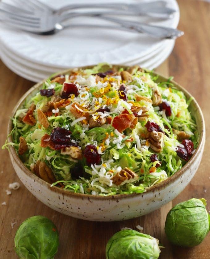 Brussel Sprout Salad with Citrus Vinaigrette in a bowl.