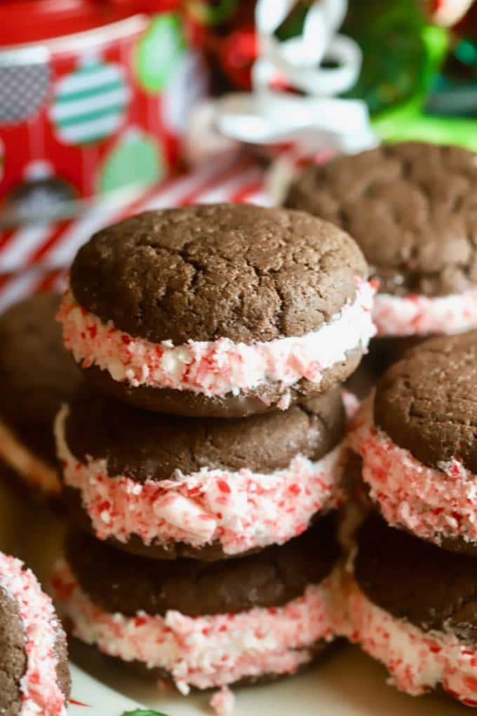 A stack of Easy Chocolate Peppermint Whoopie Pies. 
