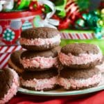 Easy Chocolate Whoopie Pies with a candy cane filling on a plate.