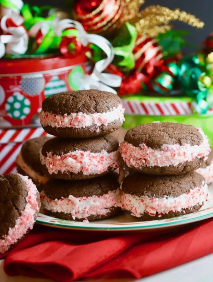 Easy Chocolate Whoopie Pies with a candy cane filling on a plate.