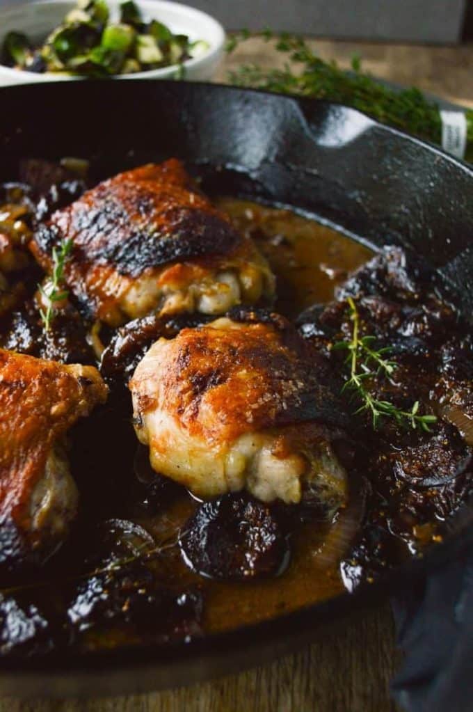 Feels Fancy Figgy Chicken in a cast iron pan.