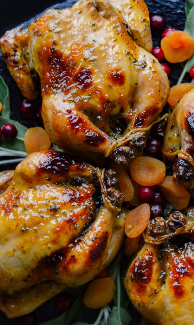 Glazed Stuffed Cornish Game Hens on a platter garnished with apricots. 