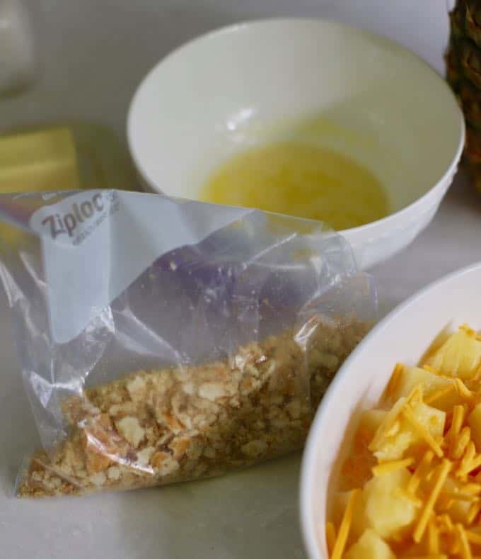 A bag of crushed Ritz crackers for baked pineapple casserole.