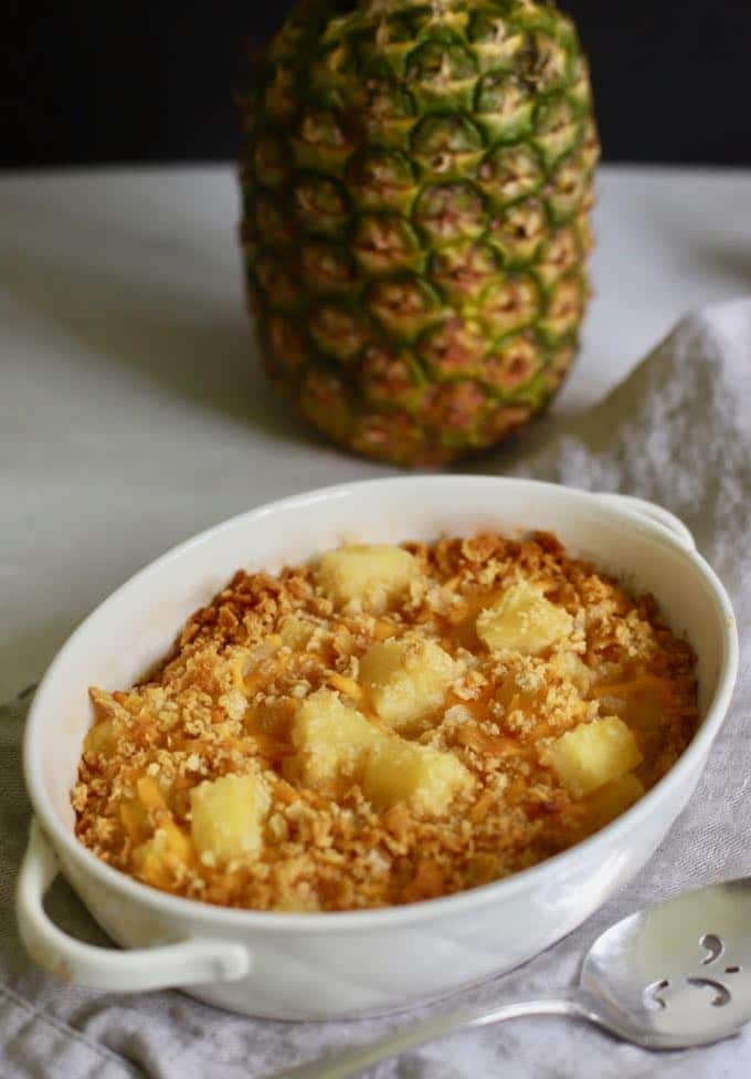 Southern Baked Pineapple Casserole in a white dish ready to serve.