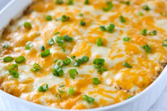 Chili Verde Casserole in a white baking dish. 