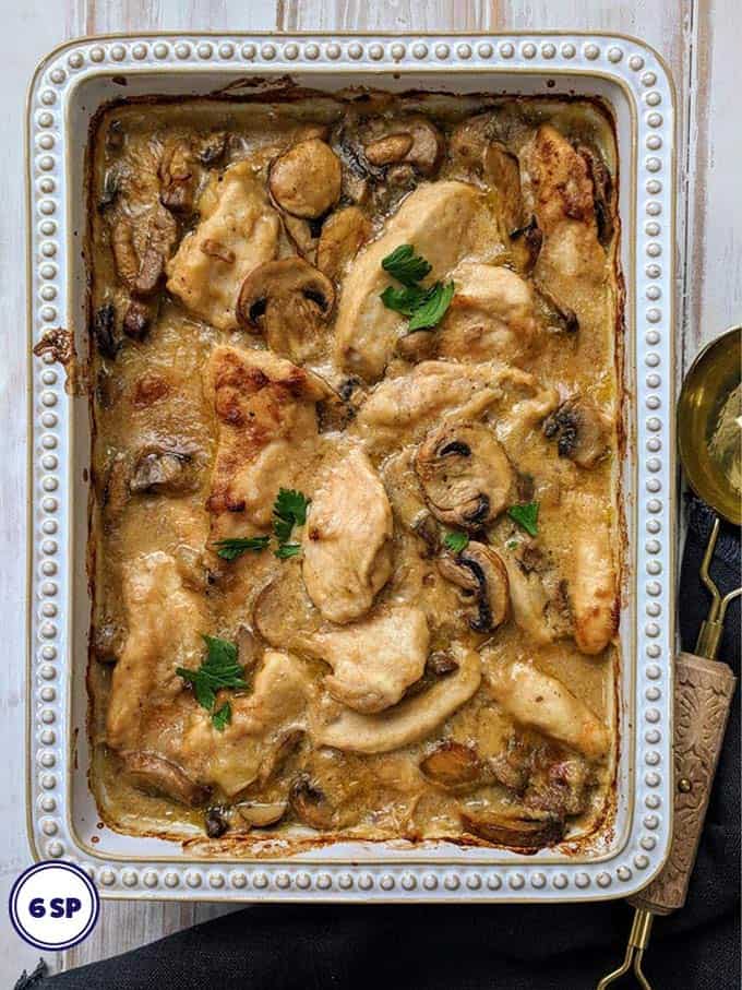 Creamy Chicken Casserole in a white baking dish.