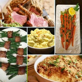 A collage of traditional Easter dishes including rack of lab=mb and potato salad.