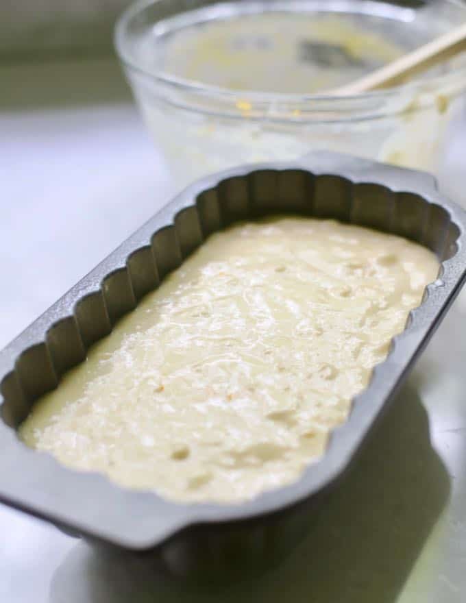 Lemon bread batter in a baking pan ready for the oven.