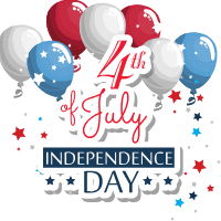 4th of July graphic with red, white, and blue-balloons. 