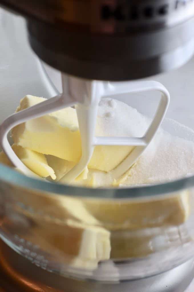 Butter and sugar in the bowl of an electric stand mixer.