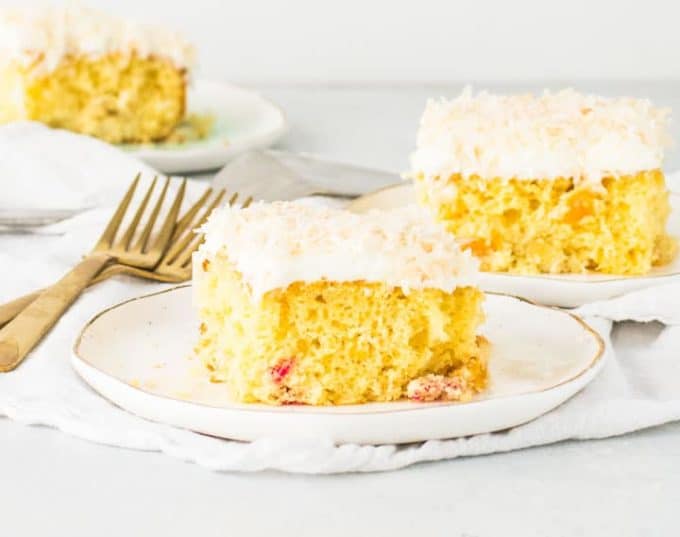 Three pieces of fruit cocktail cake.