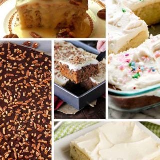 Featured image for roundup post 27 Sheet Cake Recipes with four pictures of sheet cakes.