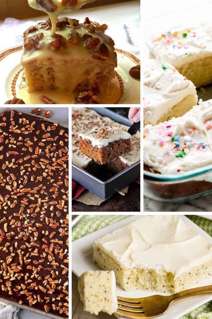 Featured image for roundup post 27 Sheet Cake Recipes with four pictures of sheet cakes. 