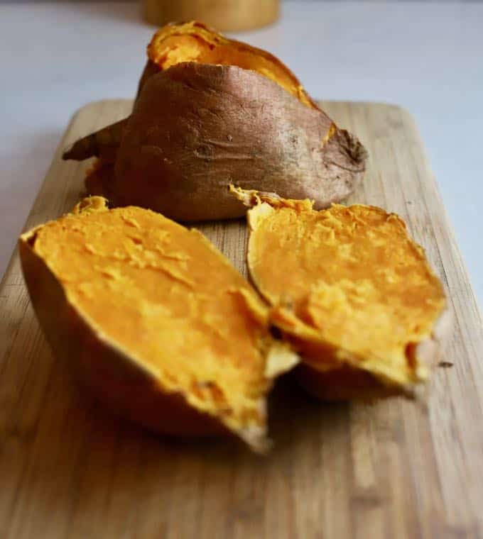 Cooked sweet potatoes for sweet potato bread.