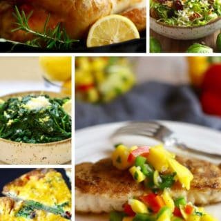 A collage of healthy recipes including salmon, spinach, sweet potato hash and brussels sprouts.