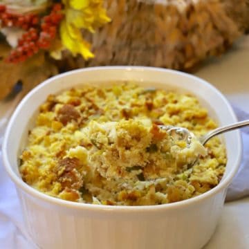 A white baking dish full of cornbread dressing.