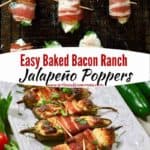 Pinterest pin, baked jalapeno poppers on a white serving plate.