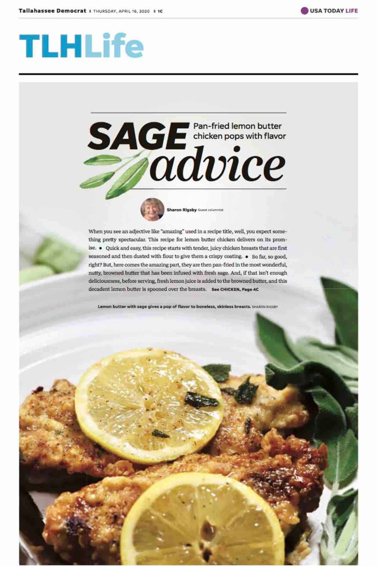 A copy of a recipe for lemon butter chicken in the Tallahassee Democrat.