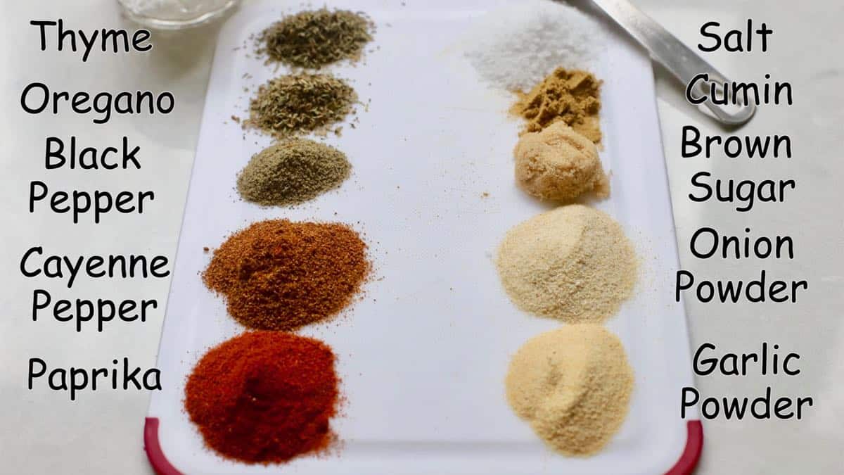 Spices and herbs to make blackening spice mix on a cutting board.