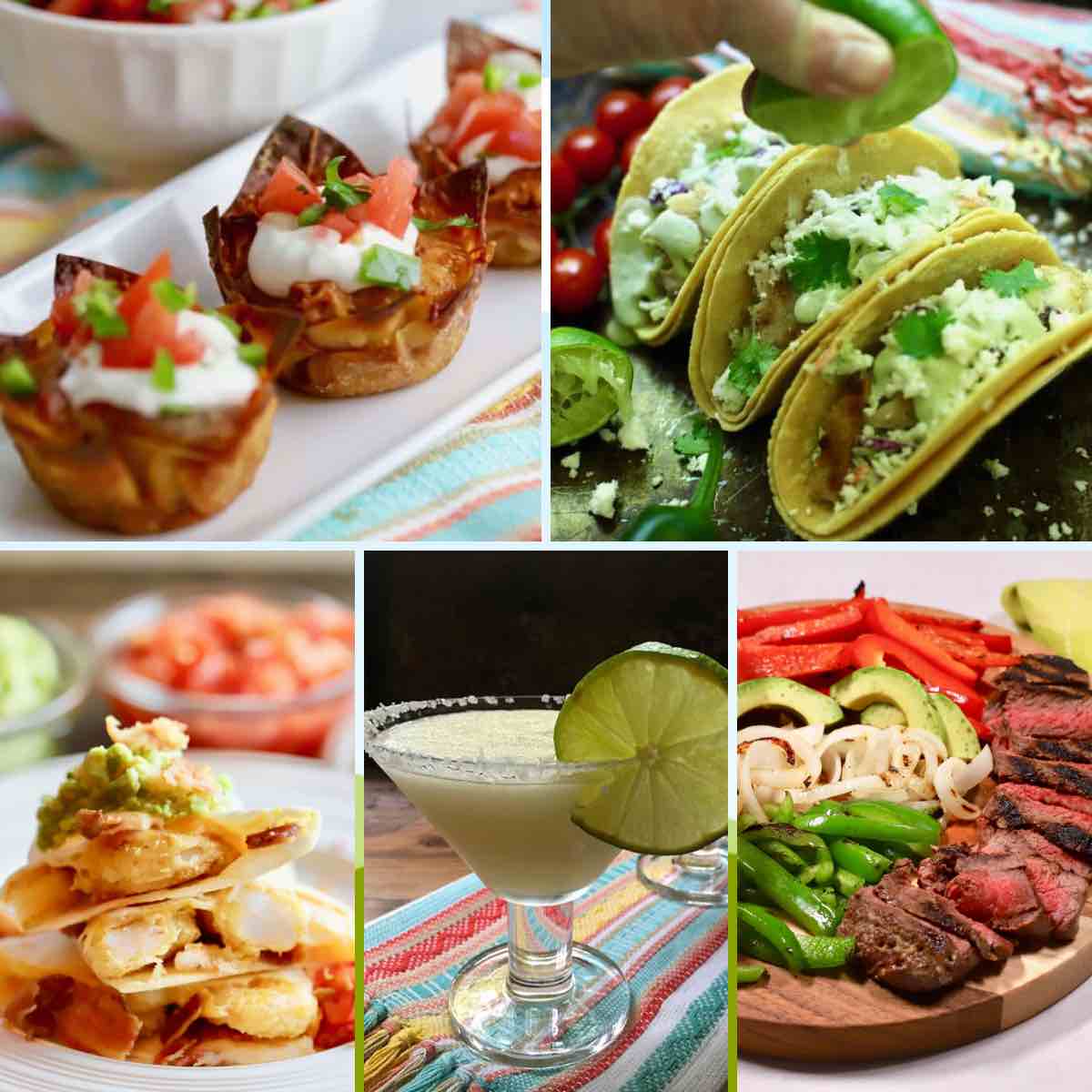 Collage of 5 Mexican dishes including tacos, fajitas, and a margarita. 