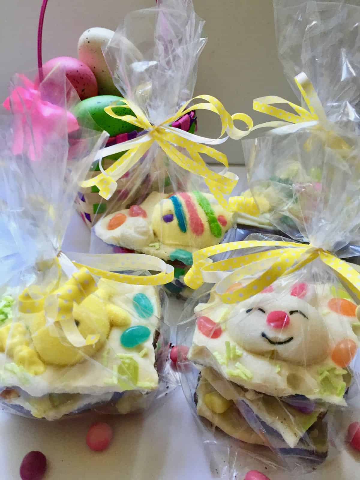 Easter bunny bark packaged in cellophane bags. 