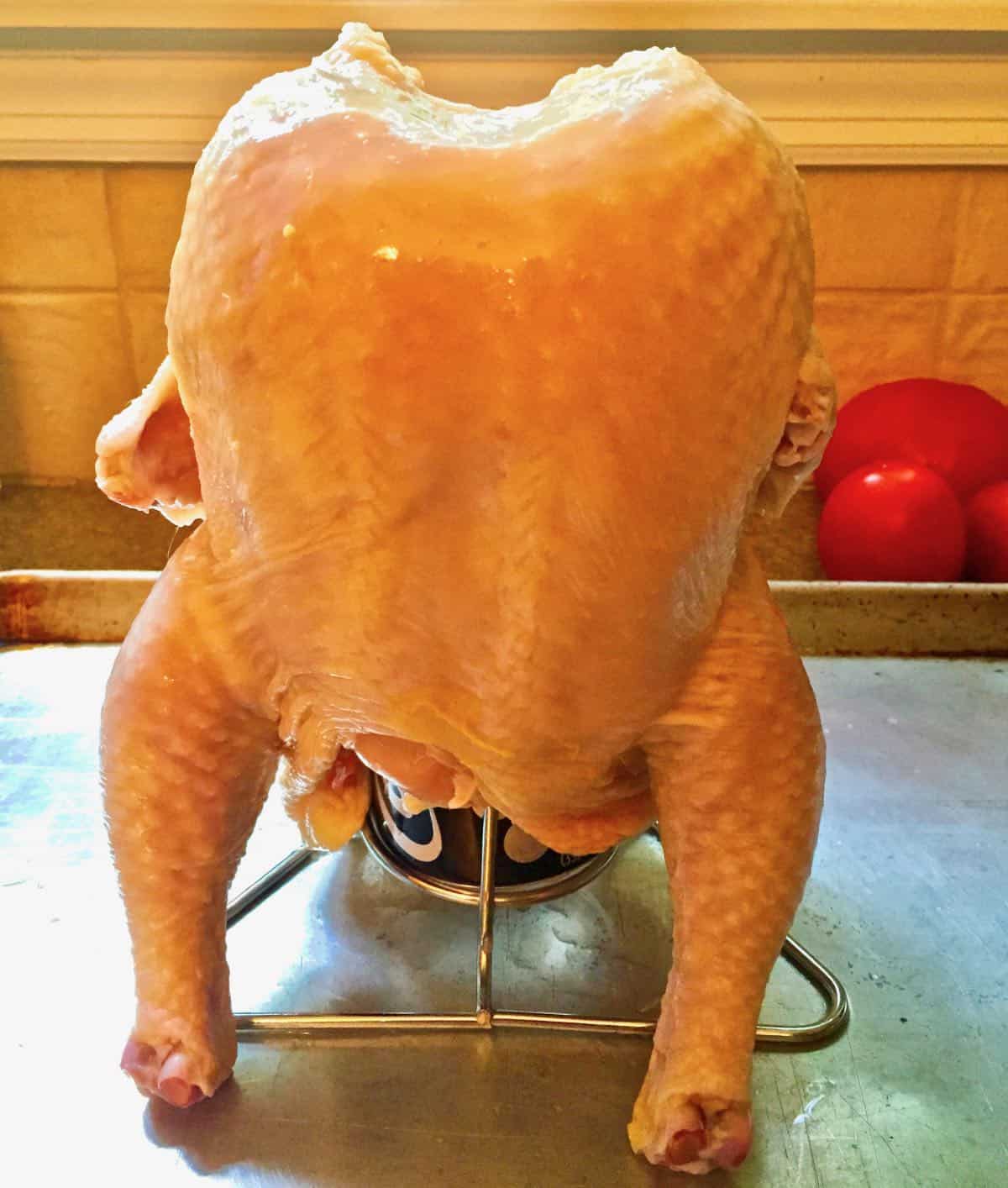 A whole chicken sitting upright on a beer can.