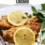 Pinterest pin showing two chicken breasts on a white plate garnished with lemon slices.