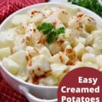 Pinterest pin - A white casserole dish with creamed potatoes.