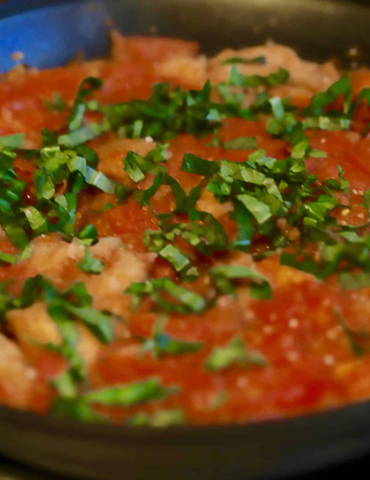 Fresh basil tops a mixture of tomatoes and bread cubes in a skillet.