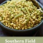 A large bowl full of cooked field peas with snaps.
