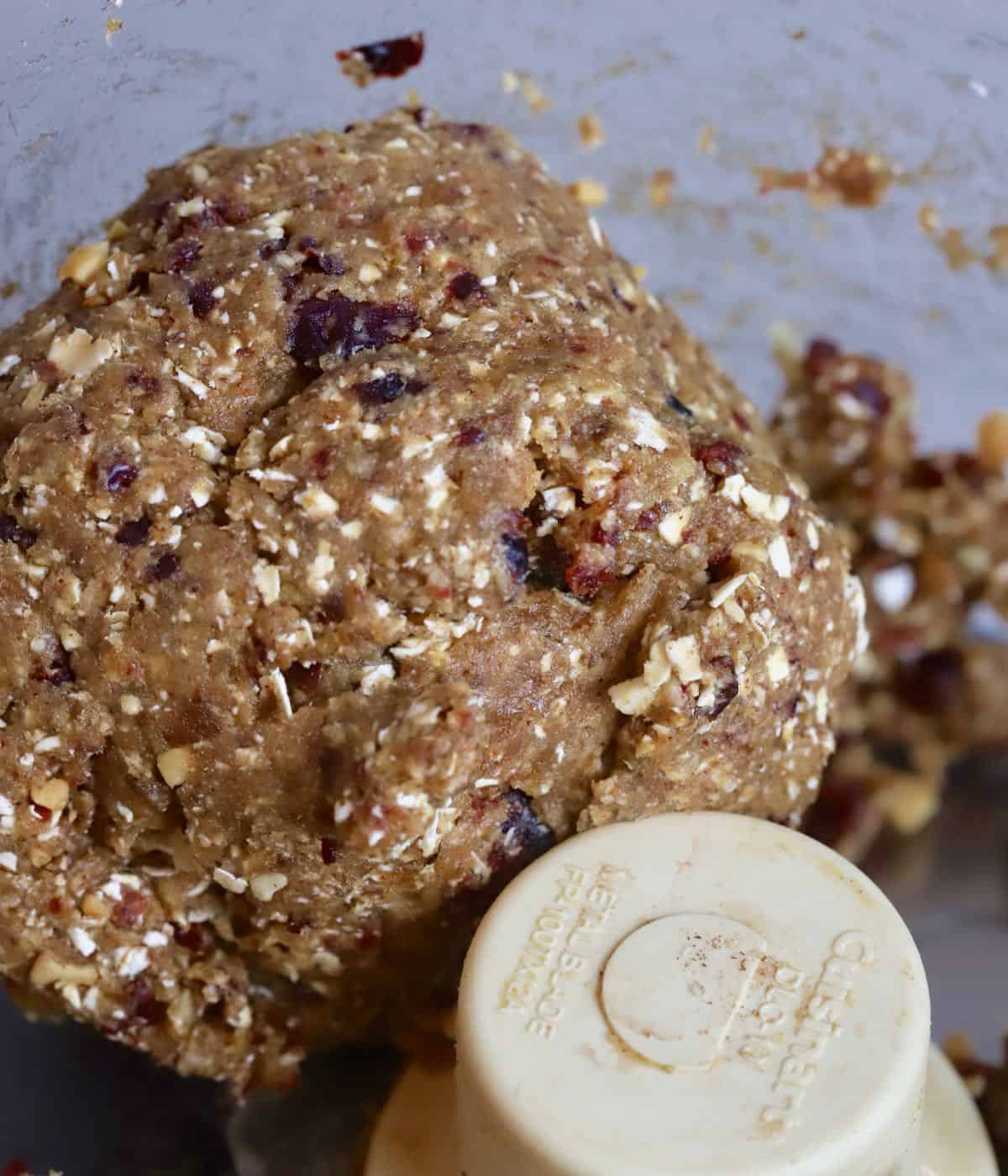 Oatmeal energy ball mixture in a food processor. 