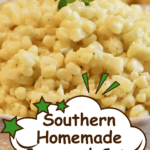 A large bowl of southern homemade creamed corn garnished with a bit of fresh thyme.