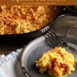 Pinterest pin, squash casserole in a cast-iron skillet.