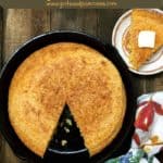 Pinterest pin a cast iron skillet with cornbread.